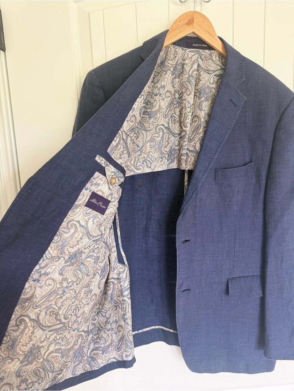 Alan Flusser Blue Linen Blend Blazer Sport Coat Paisley Lined Two Button 44R